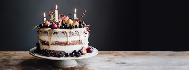 Generative AI Urodzinowy piękny tort z kwiatami i świeczkami w estetycznych stonowanych kolorach