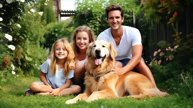 Generative AI Uśmiechnięta Piękna czteroosobowa rodzina pozuje z Happy Golden Retriever Dog na Backy