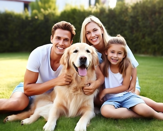 Generative AI Uśmiechnięta Piękna czteroosobowa rodzina pozuje z Happy Golden Retriever Dog na Backy