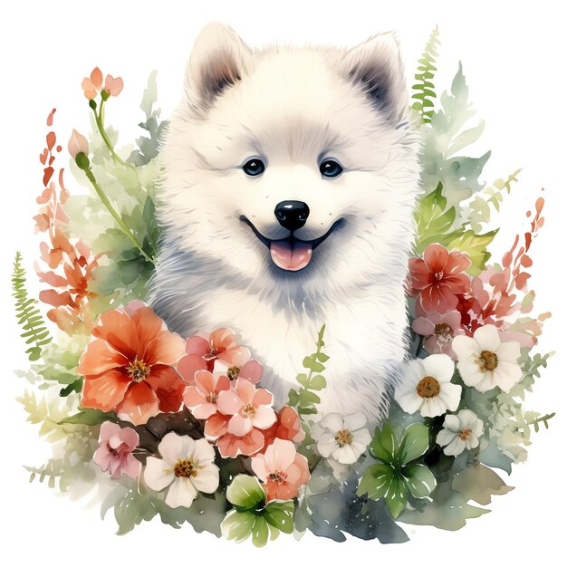 Generative AI Whimsical Wonders Figlarny Samoyed, wspaniały pies akwarelowy