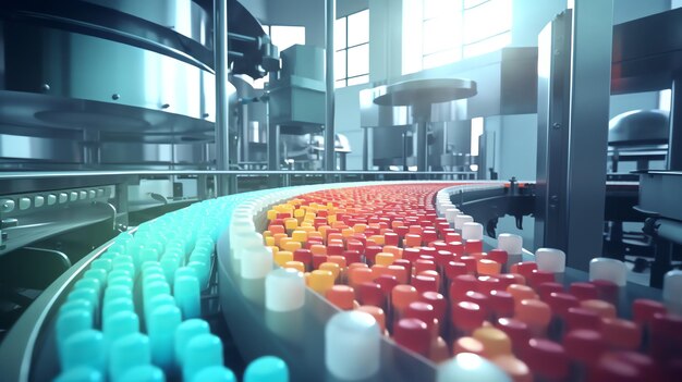 Generative AI Współczesna maszyna farmaceutyczna ze stosami pigułek na przenośniku umieszczonym w manufakturze