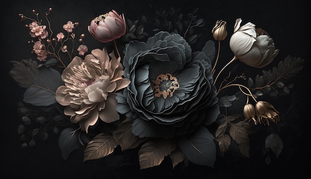Generative AI Zbliżenie kwitnących kwietników z niesamowitymi czarnymi kwiatami na ciemnym gotyckim nastroju