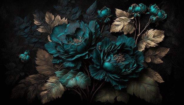 Generative AI Zbliżenie kwitnących kwietników z niesamowitymi turkusowymi kwiatami na ciemnych, nastrojowych kwiatach