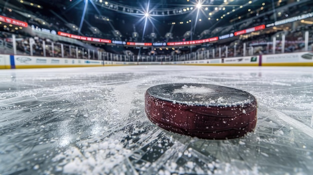 Generatywna AI Arena hokejowa z krążkiem w zbliżeniu stadion lodowiec sportowy