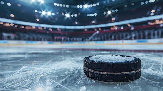 Generatywna AI Arena hokejowa z krążkiem w zbliżeniu stadion lodowiec sportowy