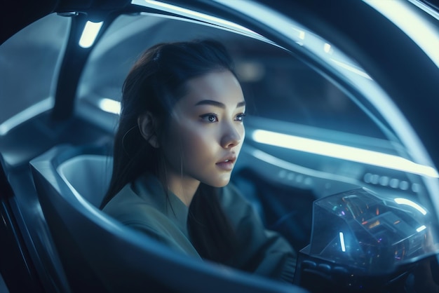 Generatywna ai azjatycka kobieta siedząca w samojezdnym samochodzie elektrycznym