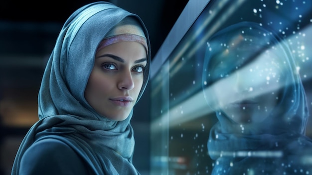 Generatywna ai bliskowschodnia kobieta ubrana w hidżab pozuje w futurystycznym tle miasta