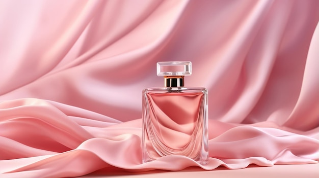 Generatywna AI Butelka perfum na różowym jedwabnym tle Szklana kolba z różowym wzorem opakowania zapachu