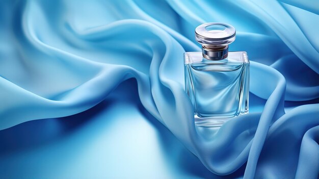 Generatywna AI Butelka z perfumami na niebieskim jedwabnym tle Szklana kolba z niebieskim zapachem wzór opakowania