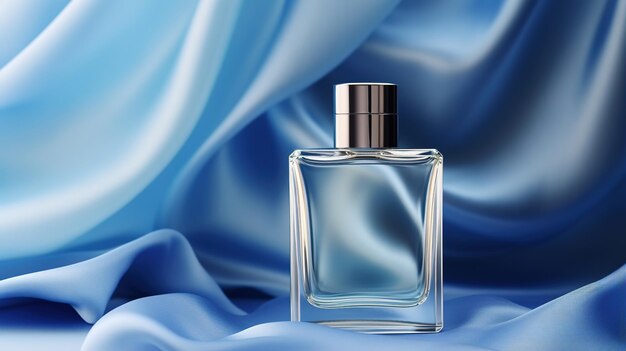 Generatywna AI Butelka z perfumami na niebieskim jedwabnym tle Szklana kolba z niebieskim zapachem wzór opakowania