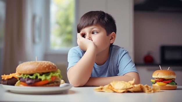 Generatywna AI dieta medyczna młodzieży dotyczy pożywnej żywności przedstawionej jako widok z boku pulchnego i przeciętnego dziecka z żołądkiem wykonanym ze śmieciowego jedzenia lub składników zdrowotnych