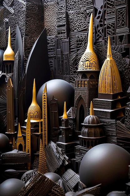 Generatywna AI ilustracja muzułmanina jest w stylu papierowych rzeźb ciemnoszarych i złotych z inspiracją bizantyjską