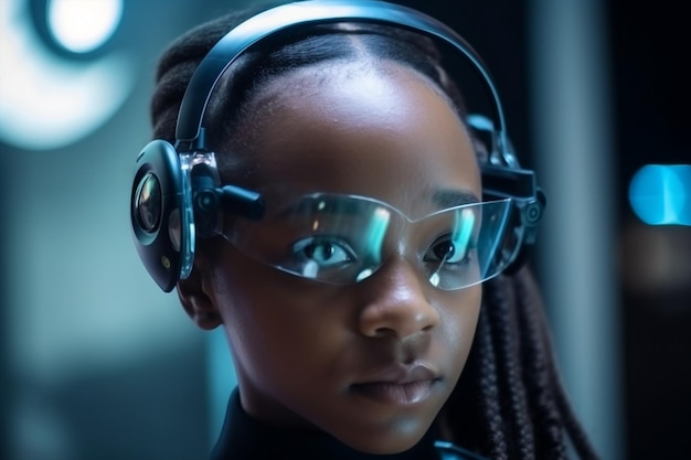 Generatywna ai ilustracja scifi futurystyczna czarna młoda dziewczyna humanoidalny robot Sztuczna inteligencja lub koncepcja wirtualnego asystenta