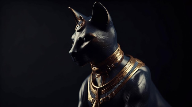 Generatywna AI, kobieta-kot w złotej biżuterii i starożytne egipskie bóstwo Bastet