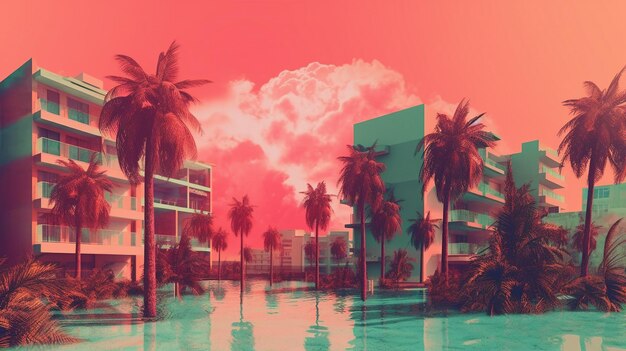 Generatywna AI Miami Summer Vibes retro ilustracja Vintage różowe i niebieskie kolory budynków
