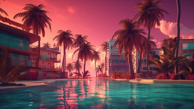 Generatywna AI Miami Summer Vibes retro ilustracja Vintage różowe i niebieskie kolory budynków