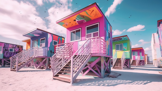 Generatywna AI Miami Summer Vibes retro ilustracja Vintage różowe i niebieskie kolory budynków