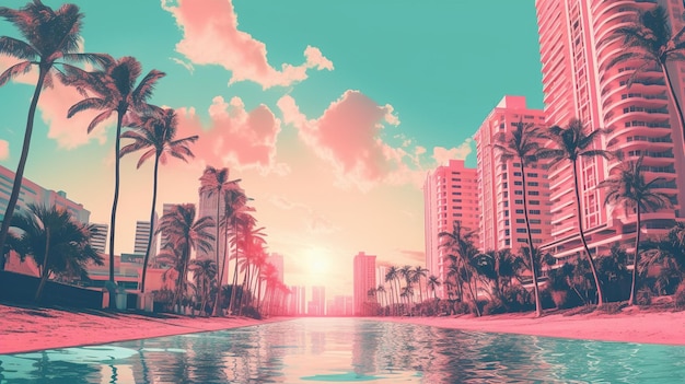 Generatywna AI Miami Summer Vibes retro ilustracja Vintage różowe i niebieskie kolory budynków