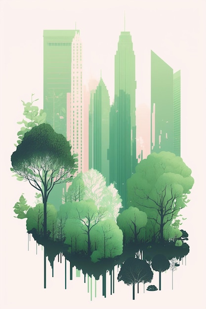 Generatywna ai minimalna ilustracja zielony pejzaż miejski z drapaczem chmur