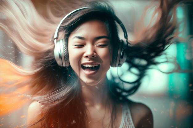 Generatywna ai młoda azjatycka kobieta słuchająca muzyki i śpiewająca ze słuchawkami