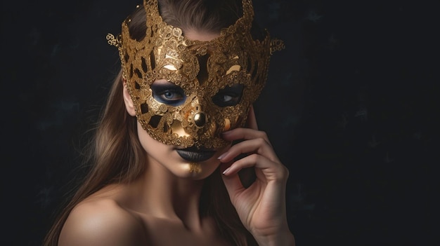 Generatywna AI piękna młoda kobieta w enigmatycznej złotej weneckiej masce