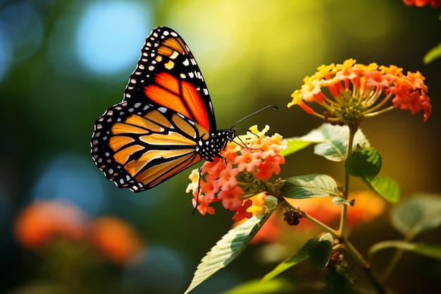 Generatywna AI Piękny obraz natury motyla monarchy na kwiacie lantany