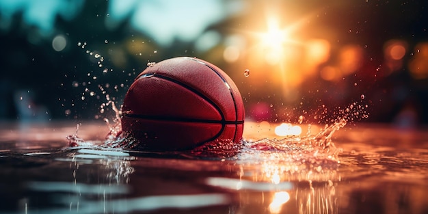 Zdjęcie generatywna ai piłka do koszykówki na boisku z pluskiem wody i zdjęciem zbliżenia światła słonecznego