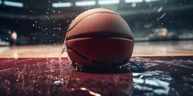 Generatywna AI Piłka do koszykówki na boisku z pluskiem wody i zdjęciem zbliżenia światła słonecznego