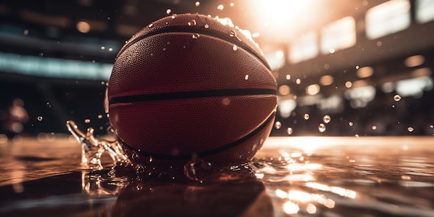 Zdjęcie generatywna ai piłka do koszykówki na boisku z pluskiem wody i zdjęciem zbliżenia światła słonecznego