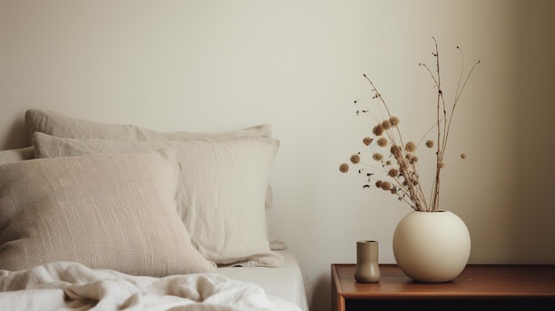Generatywna AI Relaksujący szczegół sypialni z łóżkiem z naturalną pościelą z teksturą wyciszoną neutralnymi kolorami estetycznymi