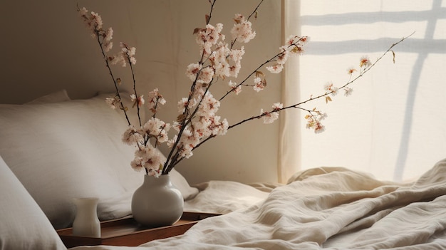 Generatywna AI Relaksujący szczegół sypialni z łóżkiem z naturalną pościelą z teksturą wyciszoną neutralnymi kolorami estetycznymi