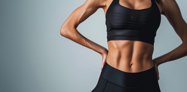 Generatywna AI Sportowa kobieta z doskonałymi mięśniami brzucha pokazuje brzuch w odzieży sportowej na neutralnym tle