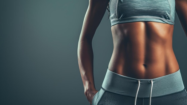 Generatywna AI Sportowa kobieta z doskonałymi mięśniami brzucha pokazuje brzuch w odzieży sportowej na neutralnym tle
