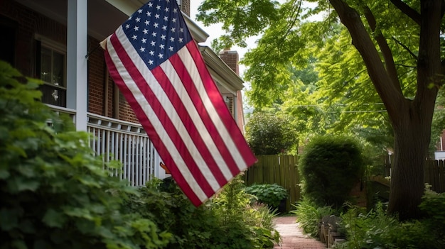 Generatywna flaga ai usa wisząca na fasadzie domu dzień idenpentia stanów zjednoczonych