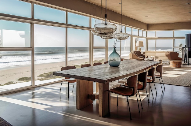 Generatywna ilustracja AI 40-metrowa jadalnia przy plaży ze stołem i krzesłami oraz dom surfingowy w stylu deski surfingowej