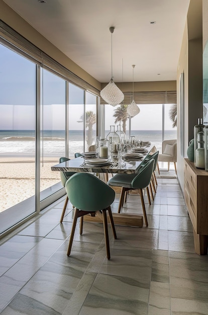 Generatywna ilustracja AI 40-metrowa jadalnia przy plaży ze stołem i krzesłami oraz dom surfingowy w stylu deski surfingowej