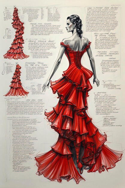Generatywna ilustracja AI arkusza technicznego typowego andaluzyjskiego stroju flamenco moda flamenco Design
