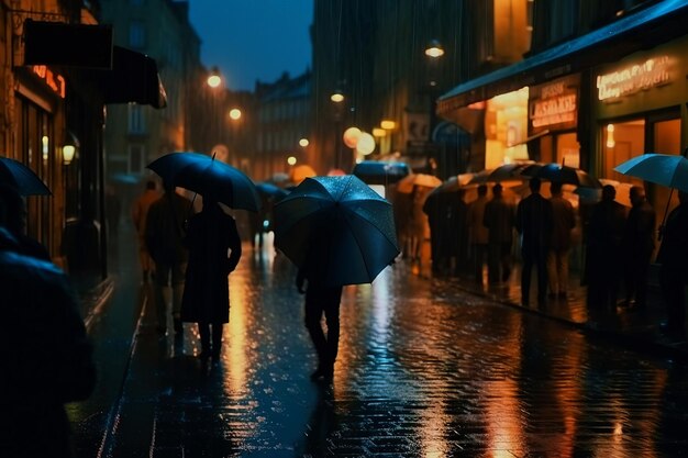 Generatywna ilustracja AI Filmowa noc deszczowa ulica z tłumami ludzi z parasolami Rozmyte tło