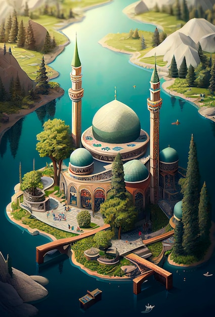 Generatywna ilustracja AI izometrycznego muzułmańskiego meczetu wzywającego do modlitwy muzułmańskich wiernych