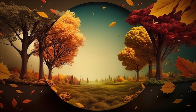 Generatywna ilustracja AI kolorowych jesiennych drzew z okrągłą ramą