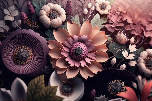 Generatywna ilustracja AI kwiatów w pastelowych kolorach z winietą