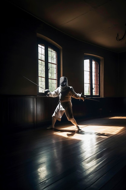 Generatywna ilustracja AI mężczyzny trenującego szermierkę w ciemnym pokoju z promieniami światła wpadającymi przez okno