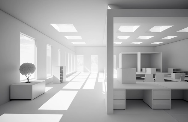 Generatywna ilustracja AI minimalistycznego biura białego futurystycznego feng shui zen