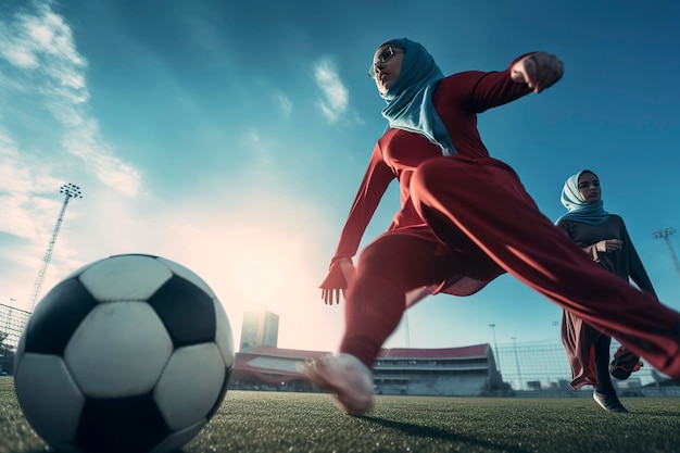 Generatywna ilustracja AI młodych arabskich dziewcząt ubranych w djellaba i hidżab grających w piłkę nożną