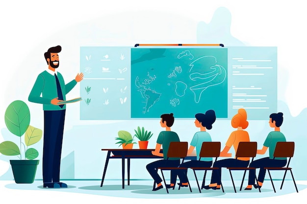 Generatywna ilustracja AI nauczyciela w szkole prowadzącego zajęcia dla grupy uczniów w minimalistycznym stylu ilustracji Koncepcja uczenia się