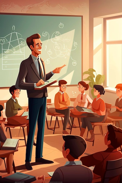Generatywna ilustracja AI nauczyciela w szkole prowadzącego zajęcia dla grupy uczniów w minimalistycznym stylu ilustracji Koncepcja uczenia się