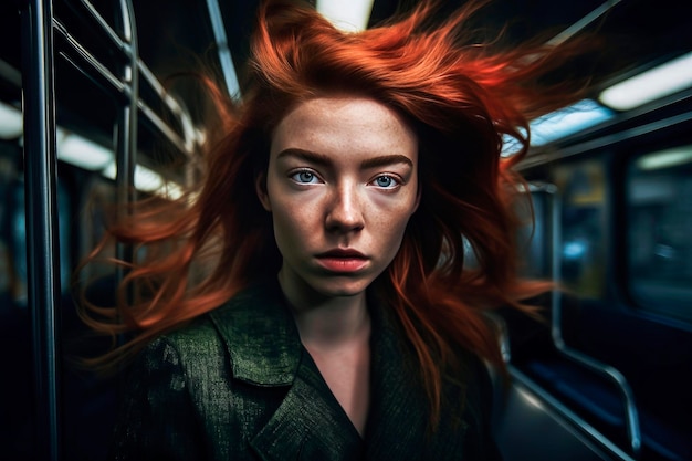 Generatywna ilustracja AI Piękna młoda dziewczyna z długimi włosami w nowojorskim metrze