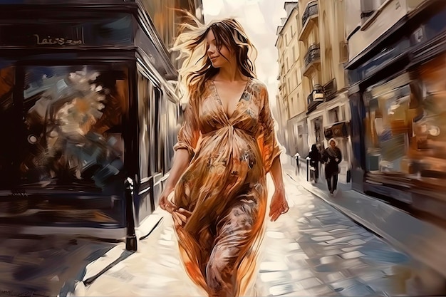 Generatywna ilustracja AI przedstawiająca atrakcyjną młodą ciężarną kobietę spacerującą ulicami Paryża