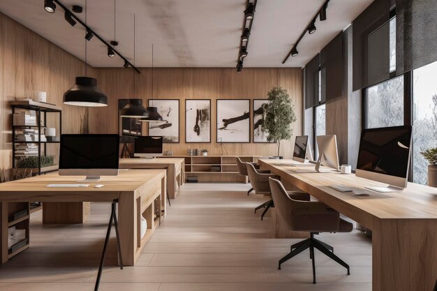 Generatywna ilustracja AI przedstawiająca bardzo duży pokój z różnymi biurkami, które mogą motywować ludzi do pracy