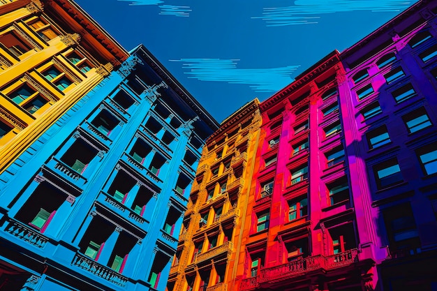Generatywna ilustracja AI przedstawiająca budynki Nowego Jorku widziane od dołu w jasnych kolorach